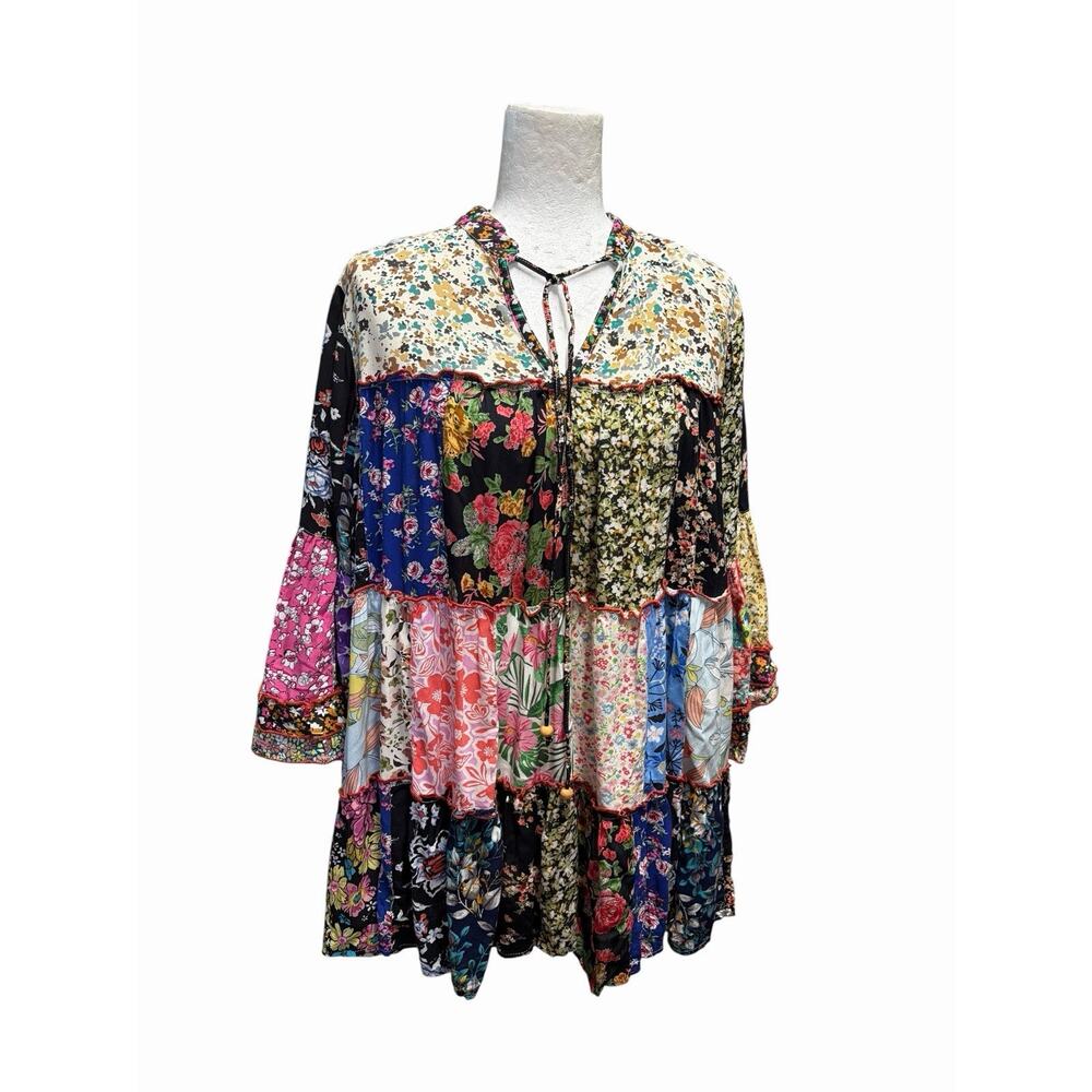 NWT Boutique Patchwork Tunic Top Boho Indie Floaty Flared Sleeve Oversized Small